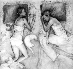 Christina Pettersson, Desdemona Sleeping Beside Death, 2009, 66” x 70”, graphite on paper. Photo courtesy of Spinello Gallery.