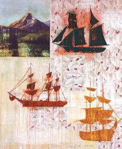 Tom Judd, Ships Passing, oil on collage on wood panel, 75" x 60." Photo credit: Dana Salvo. All images are courtesy of the artist and Etra Fine Art (Miami, FL.)