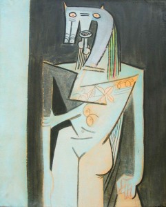 Wifredo Lam, Mujer de Pie, (Standing Woman), 1944, mixed media on paper laid down on canvas, 42” x 33 ¾”